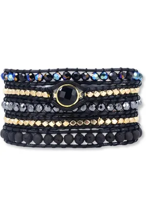 Marama Wikkelarmband - 5x om je pols - edelsteen Onyx en Lavasteen - verstelbaar - vegan waxcord - goud - knoopsluiting Tree of Life - cadeau voor haar
