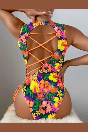 Merkloos Badpak sexy fleurige bloemenprint maat XL (4197)