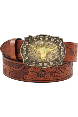 Merkloos Western Leather Buckle Belts Cowboy Longhorn Bull Buckle Belt Floral Embossed Cowboy Belts For Men Gold One Size Gold.FileOutputStream