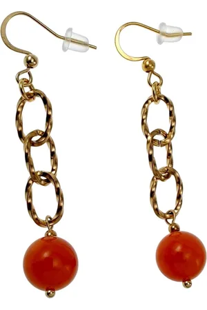 esde2 60mm Haakoorbellen Dames - Verguld RVS - Oorbellen met gedraaide Schakelketting en Orange Drakenaderagaat Steen - Handgemaakt