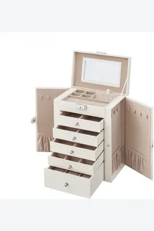 Merkloos Luxe Sieradendoos - Sieradenbox - Sieraden Doos - Juwelendoos - Meisjes - Vrouw - Cadeau - Moederdag - - 5 Lades - Met Slot - Spiegel - hangedeelte Kettingen