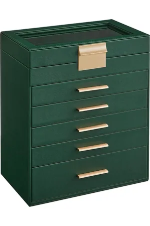 Merkloos Sieradendoos, sieradendoos met 6 niveaus, sieradendoos met glazen deksel, 5 laden, voor zonnebrillen, grote sieraden, sieradenopslag, modern, bosgroen-goud