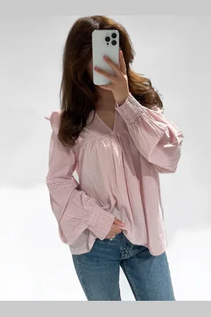 Merkloos Top met lange mouwen - frivole Blouse - Dusty pink - roze blouse met lange mouwen- 100% Katoen