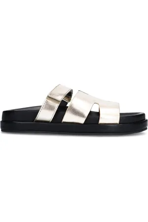 Sacha Dames - Gouden leren slippers met klittenband