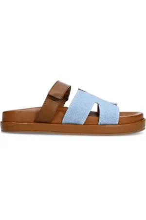 Sacha Dames - leren slippers met denim details