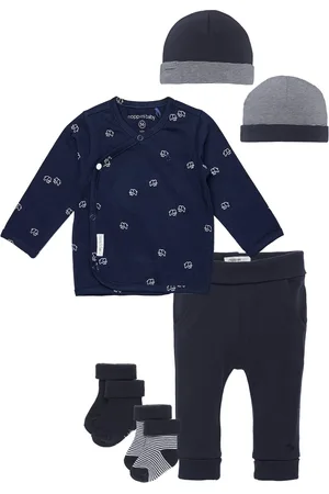 Noppies Kledingset - 5 delig - Broek Humpie Navy - Overslagshirt Jones Navy met olifantjes - Muts - 2 paar sokjes