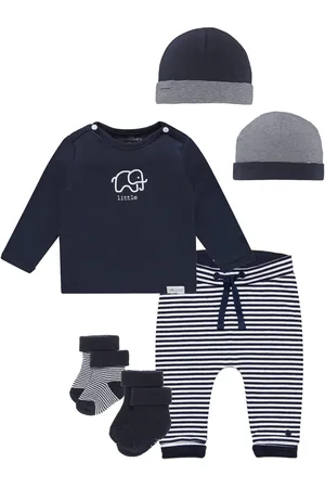 Noppies Kledingset - 5 delig - Broek Nola Navy Wit - Shirt Amanda Navy met olifantje - Muts 2 zijdig - 2 paar sokjes