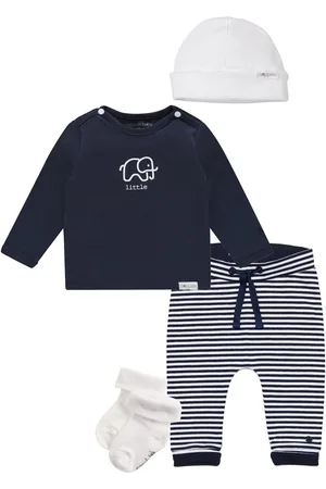 Noppies Kledingset - 4 delig - Broek Nola Navy Wit - Shirt Amanda Navy met olifantje - Muts marjolein wit - 1 paar sokjes