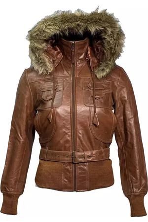 Merkloos Dames bruine korte bomber leren jas met capuchon – Gerona – XS