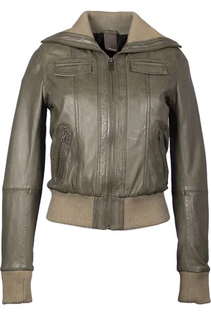 Merkloos Leren bomber dames jas olijf groen bomberdina - M