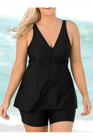 Merkloos Tankini Set- Grote maten Casual Zwempak set- Dames effen V-hals tanktop en Shorts- Badode badpak bikini tweedelige set 196-