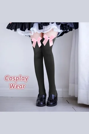 Merkloos Halterloze kousen voor dames - 2 paar nylon kousen met strik voor cosplay-kostuum en feestdagen - Halloween decoratie in zwart en wit