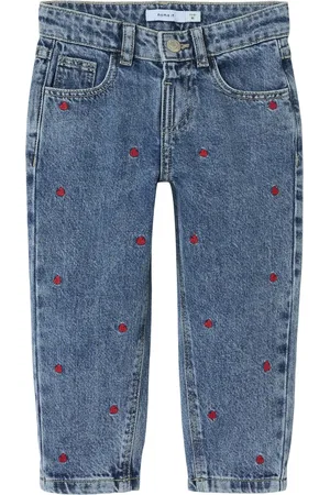 NAME IT Mini meisjes spijkerbroek BELLA Medium Blue Denim EMBROIDERY HEART Mom Fit