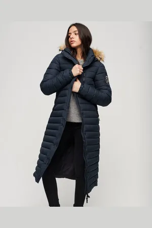 Superdry Fuji Hooded Longline Puffer Dames Jas - Nordic Chrome Navy