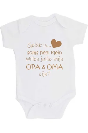 Merkloos 100% katoenen Romper Zwangerschap Aankondiging 2.0 "Geluk is soms heel klein willen jullie mijn OPA & OMA zijn?" Unisex Katoen Wit/cappuccino