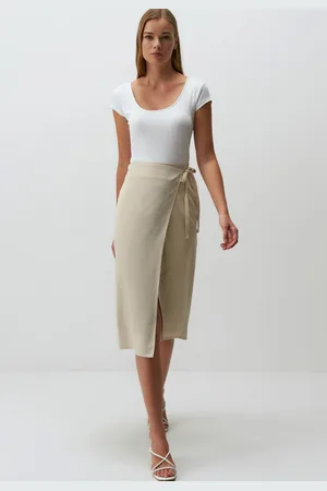Jimmy Key Normale Taille Midi Linnen Rok Met Split