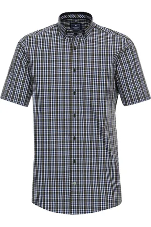Redmond Comfort fit overhemd - korte mouw - popeline - groen geruit - Strijkvriendelijk - Boordmaat: 39 - 40