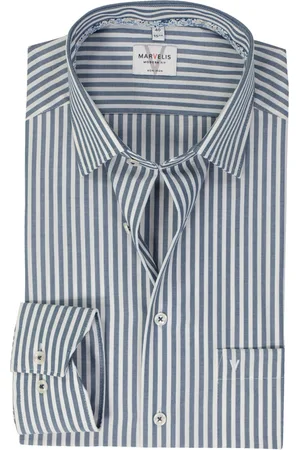 Marvelis Modern fit overhemd - popeline - donkerblauw gestreept - Strijkvrij - Boordmaat: 39