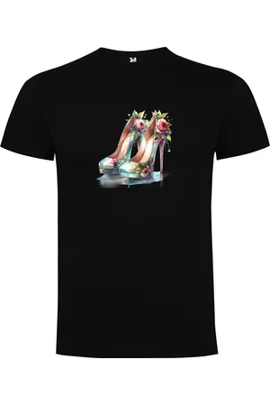 Merkloos Zwart T-Shirt met “Fancy hakken met bloemen - aquarel “ Print Full Color