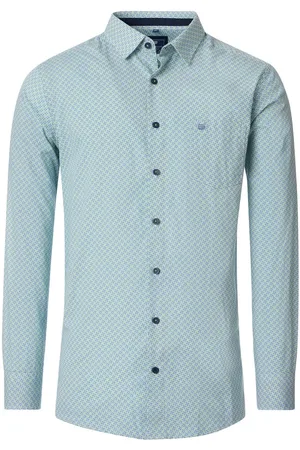 Redmond Comfort fit overhemd - popeline - blauw met wit en groen dessin - Strijkvriendelijk - Boordmaat: 45 - 46