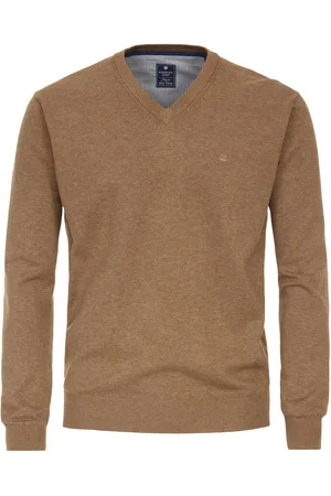 Redmond Heren trui katoen - V-hals - camel (middeldik)