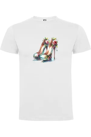 Merkloos Wit T-Shirt met “Fancy hakken met bloemen - aquarel “ Print Full Color