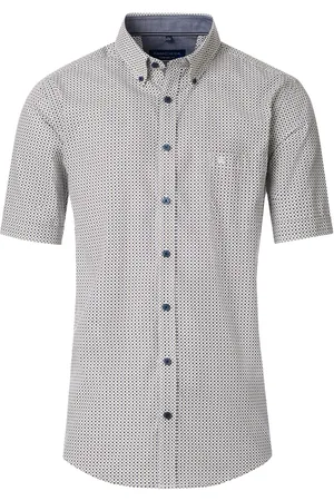 Casa Moda Sport comfort fit overhemd - korte mouw - popeline - wit met blauw en groen dessin - Strijkvriendelijk - Boordmaat: 51 - 52
