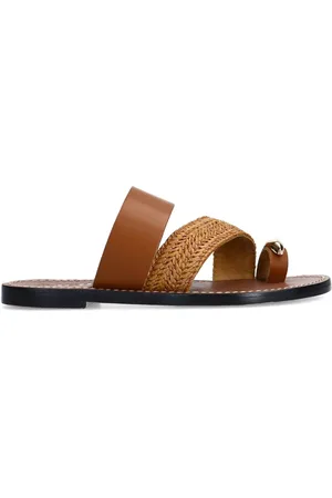 Sacha Dames - Congac leren slippers met goudkleurig detail