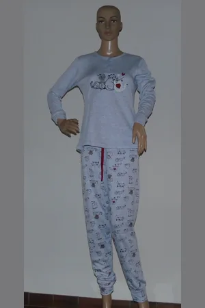 Merkloos Luxe 4-Seizoenen Pyjama – Comfort en Stijl in Één - Met geborduurde poesjes - verkrijgbaar : Roze / / Blauw van XS tot XXL - met broeklint