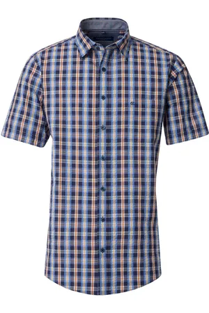 Casa Moda Sport comfort fit overhemd - korte mouw - seersucker - blauw met geel - oranje en wit geruit - Strijkvriendelijk - Boordmaat: 39 - 40
