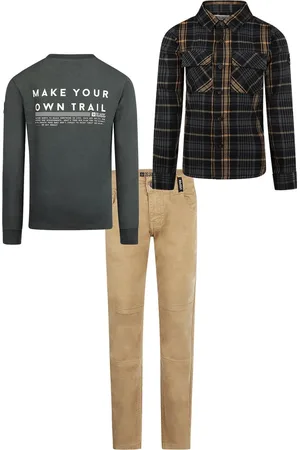 No Way Monday Kledingset - 3delig - Jongens - Broek Trapered - T-shirt LS Army Green - Blouse Army Green