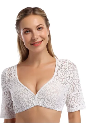 Merkloos Dames dirndlblouse witte traditionele blouse - blouse met korte mouwen/halve mouw gemaakt van kant voor het Oktoberfest 42