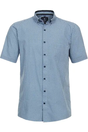 Redmond Comfort fit overhemd - korte mouw - popeline - blauw dessin - Strijkvriendelijk - Boordmaat: 45 - 46