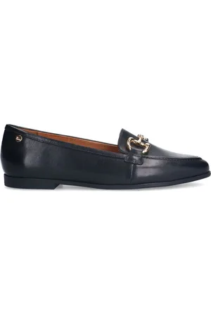 No Stress Dames - Zwarte leren loafers met gouden chain