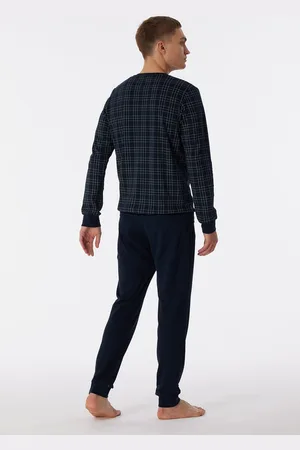 Schiesser Fine Interlock pyjamaset - heren pyjama lang interlock manchetten geruit nachtblauw