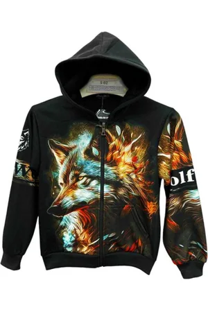 Merkloos Kinder vest met wolf kleur full color sweatvest maat 122/128 roofdier wildlife hoodie stoer zeer mooi