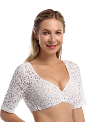 Merkloos Dames dirndlblouse witte traditionele blouse - blouse met korte mouwen/halve mouw gemaakt van kant voor het Oktoberfest 40