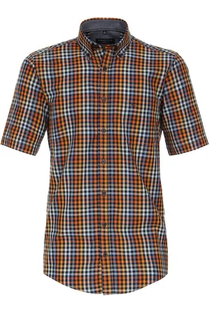 Casa Moda Sport casual fit overhemd - korte mouw - dobby - oranje geruit - Strijkvriendelijk - Boordmaat: 41 - 42