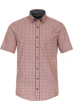 Casa Moda Sport casual fit overhemd - korte mouw - structuur - oranje geruit - Strijkvriendelijk - Boordmaat: 41 - 42