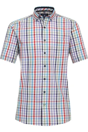 Redmond Comfort fit overhemd - korte mouw - popeline - blauw geruit - Strijkvriendelijk - Boordmaat: 45 - 46