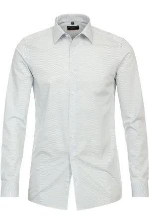 Redmond Modern fit overhemd - popeline - wit met blauw dessin - Strijkvriendelijk - Boordmaat: 39 - 40