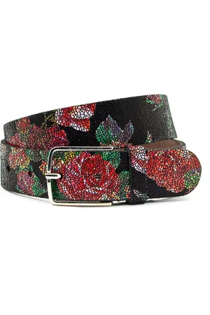A-zone Dames riem zwart met bloemenmotieven - dames riem - 4 cm breed - - Echt Leer - Taille: 80cm - Totale lengte riem: 95cm