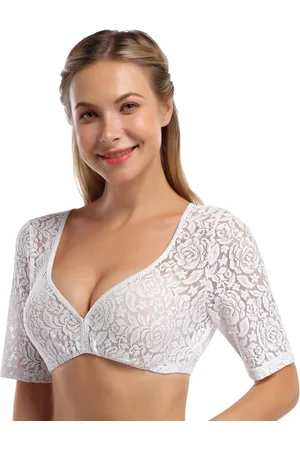 Merkloos Dames dirndlblouse witte traditionele blouse - blouse met korte mouwen/halve mouw gemaakt van kant voor het Oktoberfest 38