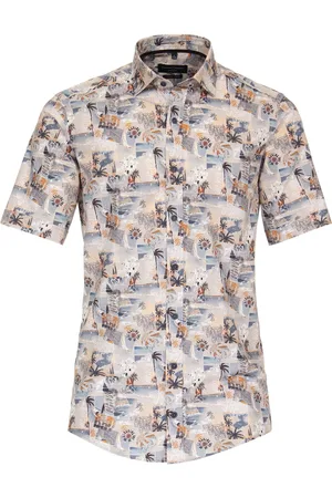 Casa Moda Sport casual fit overhemd - korte mouw - popeline - beige met blauw en oranje dessin - Strijkvriendelijk - Boordmaat: 53 - 54
