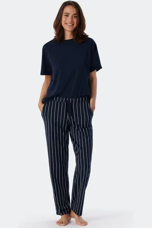 Schiesser Mix+Relax loungebroek lang - dames loungebroek lang jersey strepen donkerblauw patroon