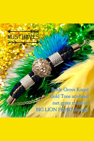 The Musthaves Donker blauwe koord armband met stoere en foute hanger / chunk - Goudtone - Big Lion Head 3,8 cm - 18 + 6 cm - casual feest thema carnaval - volwassenen tieners - unisex