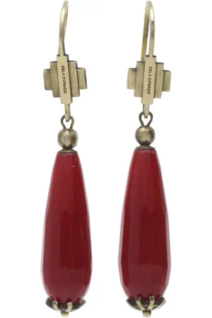 Bela Donaco Oorbellen Art Deco – Facet rode Jade – Messing