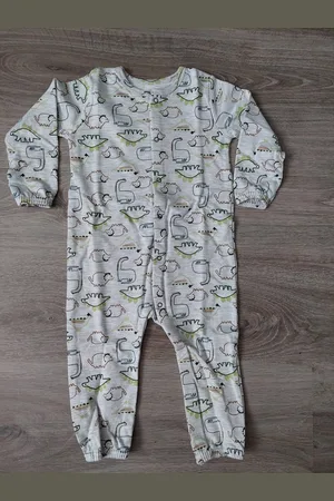Merkloos Baby jongens onesie, 1-delig pakje, voorsluiting met drukknopen, alloverprint "Dino" maat 74/80