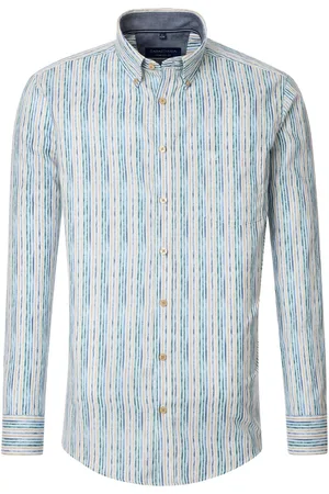 Casa Moda Sport comfort fit overhemd - popeline - blauw - groen en wit gestreept - Strijkvriendelijk - Boordmaat: 45 - 46