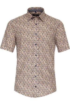 Casa Moda Sport casual fit overhemd - korte mouw - popeline - wit met beige en oranje dessin - Strijkvriendelijk - Boordmaat: 39 - 40